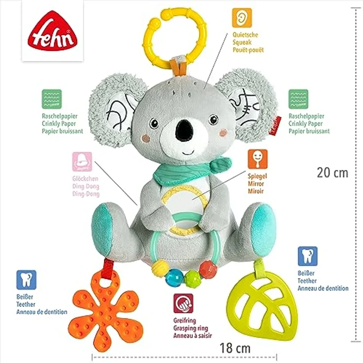 Fehn Activity-Koala – Baby Motorikspielzeug für Kinderwagen, Kinderbett und Babyschale – zum Beißen, Greifen und Geräusche erzeugen – Spielzeug für Babys und Kinder ab 3+ Monaten – Bild 5