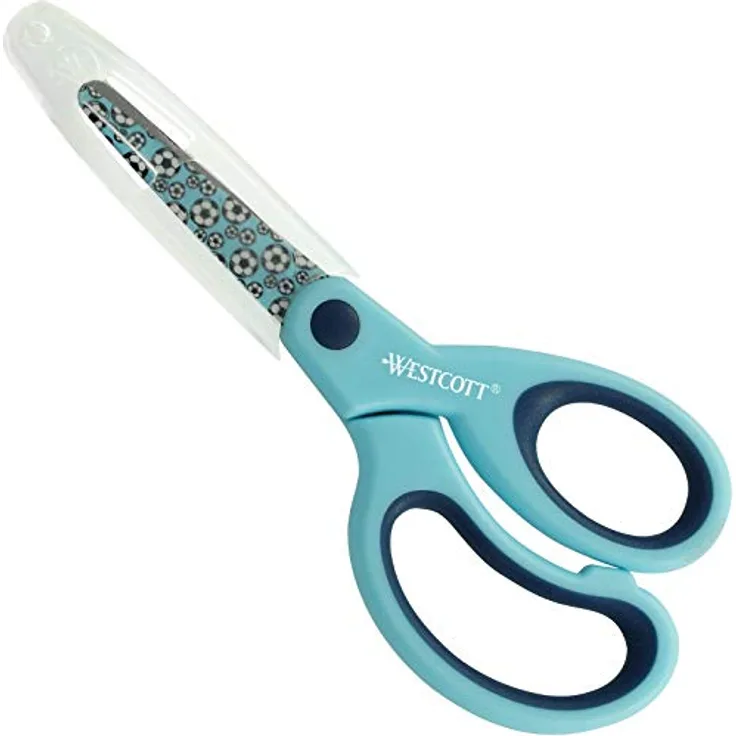 WESTCOTT Softgrip Kinderschere mit Fußball-Motiv, bedruckte Klinge 13 cm, ergonomischer Griff