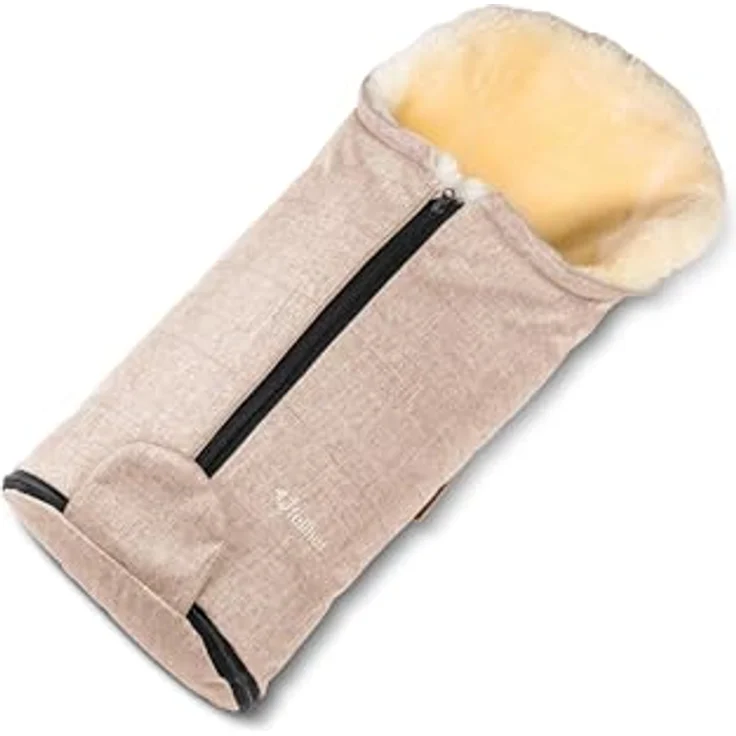 Fellhof Kinderwagenfellsack GASTEIN, 100% Merino-Lammfell, beige melange, wind- und wasserabweisend, für Babyschale bis 12 Monate, Kapuzenfunktion, ÖkoTex-zertifiziert – Bild 1