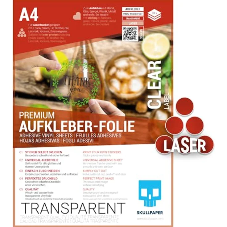SKULLPAPER® Klebefolie transparent zum Aufkleben und selbst Gestalten - für Laserdrucker (A4-10 Blatt) – Bild 1