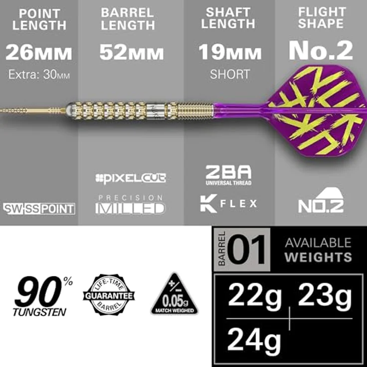 Target Darts Luke Littler Gen 1 Prodigy Steeldarts, 90% Tungsten, 24G, Gold, mit K-Flex Flights und Shafts – Bild 3