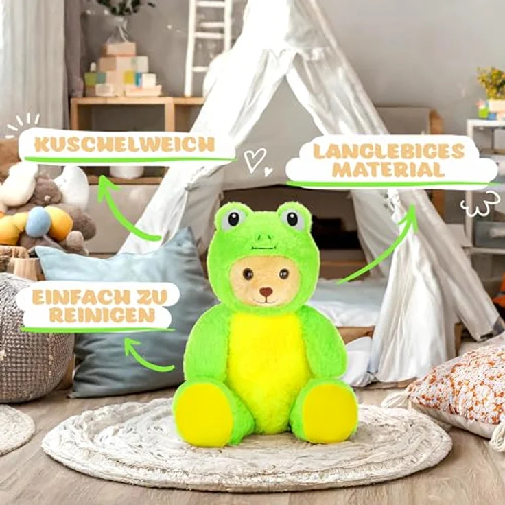 BRUBIES Teddy Frosch, 25 cm Plüschtier im Froschkostüm mit abnehmbarer Kapuze, extra weiches Kuscheltier für Kinder, pflegeleicht – Bild 5