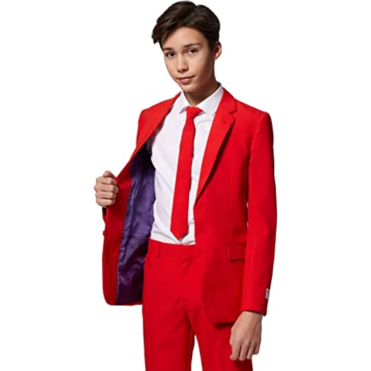 OppoSuits Teen Red Devil, dreiteiliger Anzug für Jugendliche in Rot, Slim-Fit Schnitt, inkl. Jacket, Hose und Krawatte – Bild 6