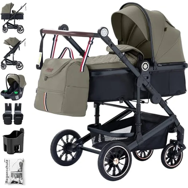 Daliya® NEOMOVE 3in1 Kinderwagen, Buggy & i-Size Babyschale | Alu-Rahmen | Reisekinderwagen & Sportwagen | Großer Einkaufskorb | Stadt & Gelände (Schwarz-Braun)
