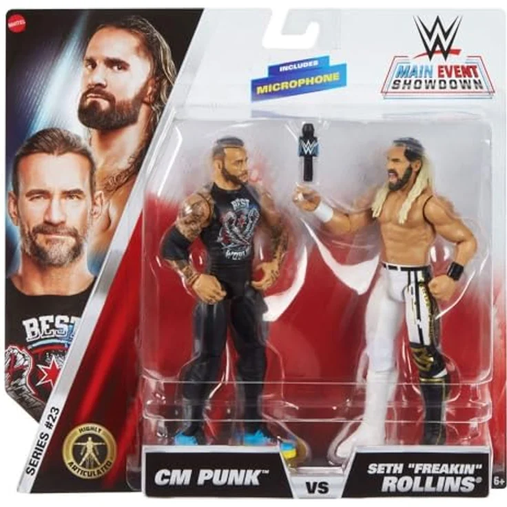 WWE CM Punk V Seth Freakin Rollins, Mattel Main Event Showdown 2 Pack Series 23, bewegliche Action Figuren mit Mikrofon-Zubehör – Bild 4