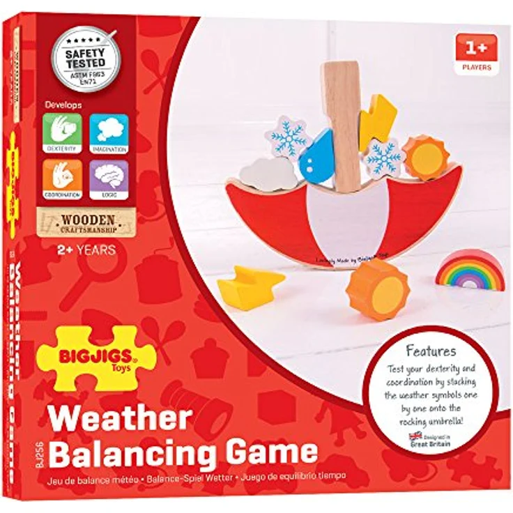 Bigjigs Toys Gleichgewichtsspiel Wetter, Holzspielzeug mit Schirm-Design und Wetter-Themenfiguren – Bild 6