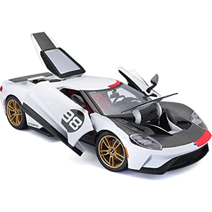 Maisto Ford GT Heritage (2021): Modellauto im Maßstab 1:18, Türen, Kofferraum und Motorhaube beweglich, 25 cm, weiß-schwarz (531390) – Bild 3