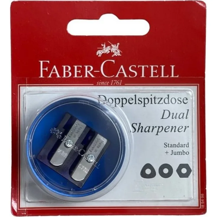 Faber-Castell Anspitzer 185498, Doppelspitzdose rund für Blei- und Farbstifte Standard & Jumbo, sortierte Farben