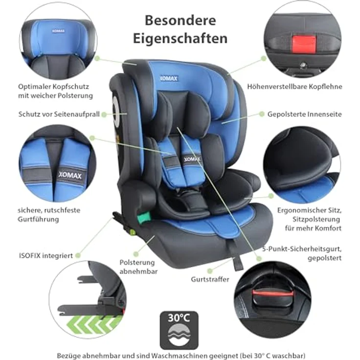 XOMAX LM238, Autokindersitz ISOFIX anthrazit-blau, für Kinder 9-36 kg, ab 15 Monaten bis 12 Jahre, verstellbar, waschbare Bezüge – Bild 9