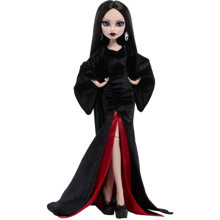 Mattel® Monster High Collector Wednesday Morticia Puppe, schwarze Samtkleidung mit Rüschen und Puppenständer