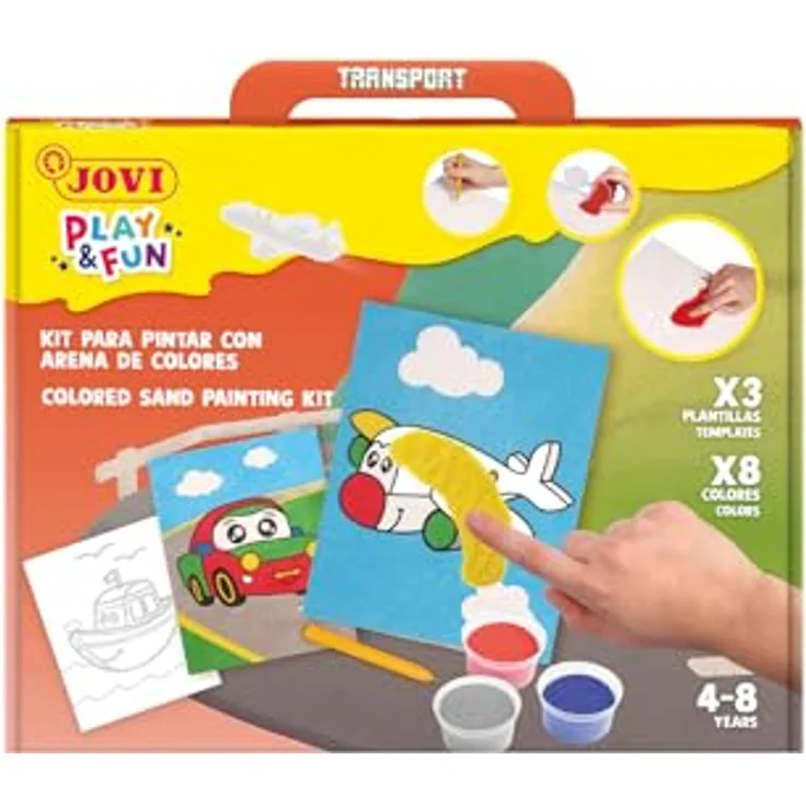 Jovi Play&Fun Sandmalerei-Set, 8 x 40 g farbiger Sand mit 3 Schablonen für Kinder ab 3 Jahren, ungiftig und nachhaltig