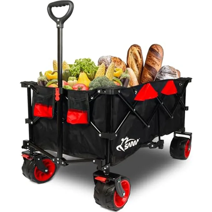 SAMAX Bollerwagen Handwagen Kühltasche Gartenwagen Strandwagen Klappbar Faltbarer Transportwagen Offroad Travel - Schwarz/Rot - Black Edition - Preisvergleich
