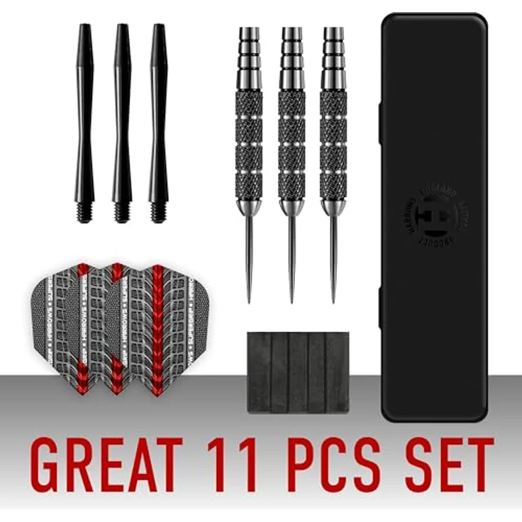 Harrows Black Jack Darts-Set, Steeldarts mit Edelstahlspitze, 18 g, 20 g, 22 g, 24 g, inklusive Speedline-Schäften, Supergrip-Flights und Reiseetui – Bild 2