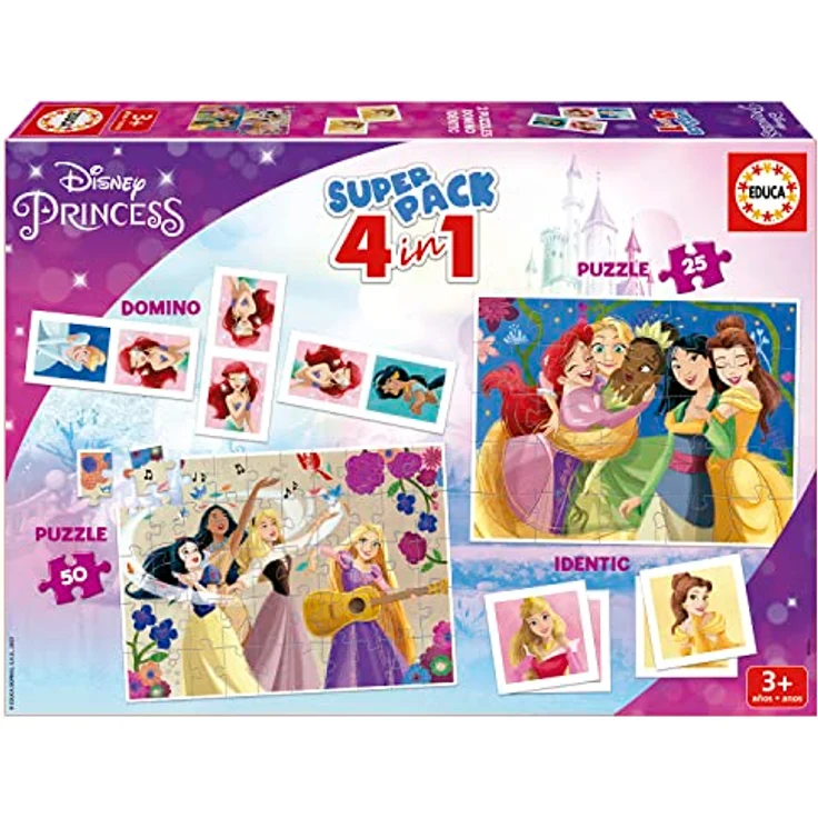 Educa Disney Prinzessinnen 4-in-1 Superpack, Domino, Memo-Spiel und 2 Puzzles mit 25 und 50 Teilen, Lernspielzeug für Mädchen ab 3 Jahren, offiziell lizenziert – Bild 1
