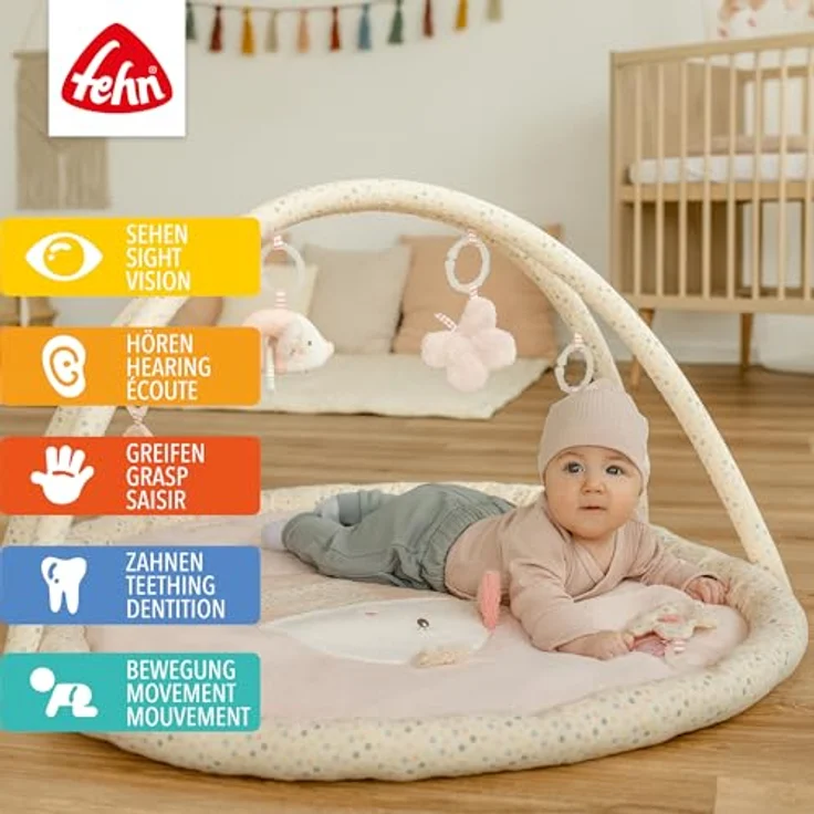 Fehn 3-D-Activity-Decke Vogel mit Glow-in-the-dark Bestickung - Spielbogen mit 5 abnehmbaren Spielzeugen für Babys ab 0+ Monaten – Bild 2