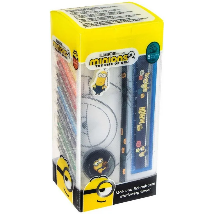 Minions Mal- und Schreibturm, Kreativset 25-teilig mit Bleistift-Box, Notizblock und Buntstiften