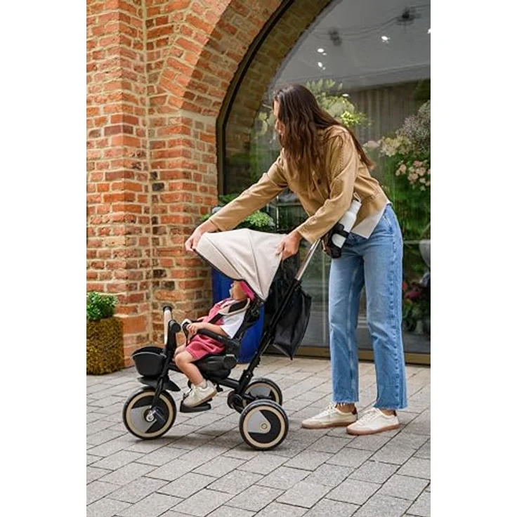 MoMi IVI 3-in-1 Kinderdreirad, beige, mit 360° drehbarem Sitz, Schiebestange & Sonnendach, 3-Punkt-Gurt, PU-Räder – Bild 13