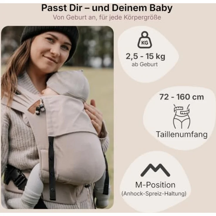 Hoppediz Babytrage Primeo, Vollschnallentrage ab Geburt (2,5 kg), Bauch- und Rückentrage aus 100 % Bio-Baumwolle, querelastischer Tragetuchstoff – Bild 3