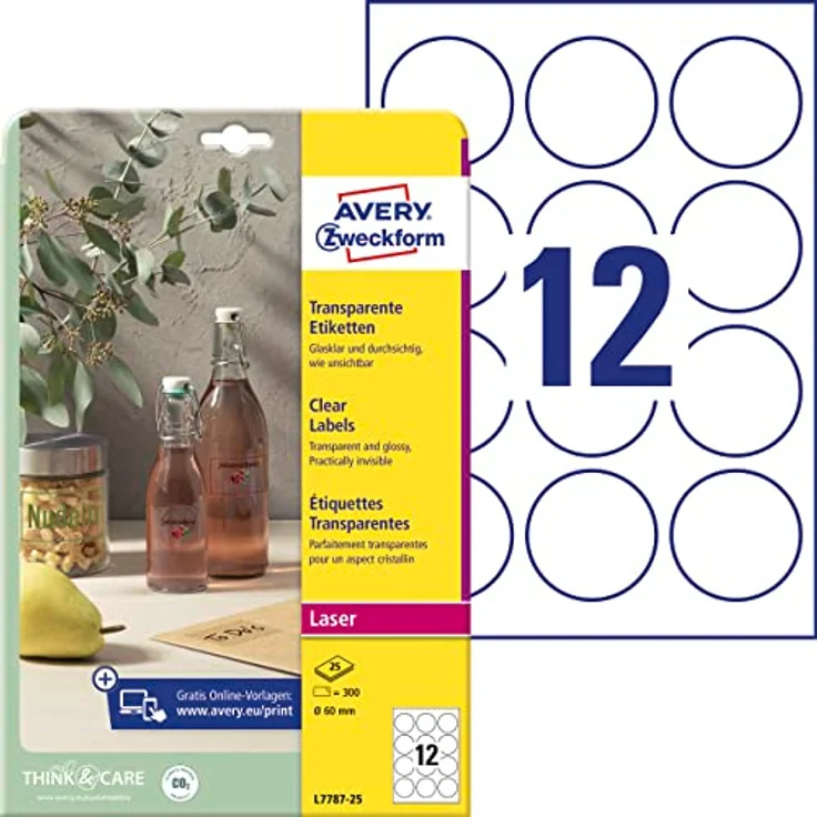 AVERY Zweckform L7787-25 transparente runde Etiketten (300 Klebepunkte, Ø60 mm auf A4, runde Aufkleber zum Bedrucken, selbstklebend, wetterfest, Beschriftungen/Produktaufkleber) 25 Blatt, durchsichtig – Bild 1