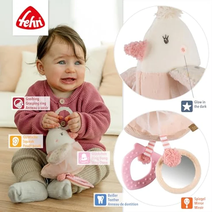 Fehn Greifspielzeug feehnLAND Activity-Vogel mit Quietsche, Glöckchen, Spiegel und Beißer, zur Befestigung an Kinderwagen, Babyschale oder Bett – Bild 4
