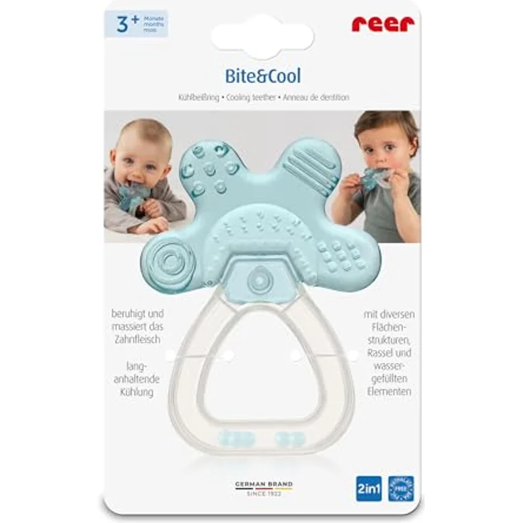 Reer Bite&Cool Kühlbeißring, drucklinderndes Zahngel für Babys ab 3 Monaten, transparent & blau – Bild 1