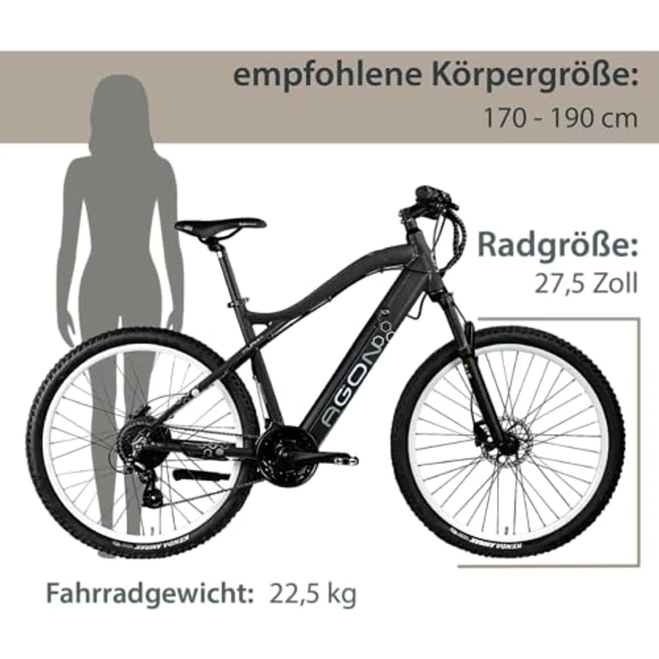 AGON Alpha E Bike Mountainbike Herren oder Damen 170-190 cm Pedelec 27,5 Zoll Hardtail MTB Trail mit Ananda Motor (dunkelgrau, 48 cm) – Bild 2