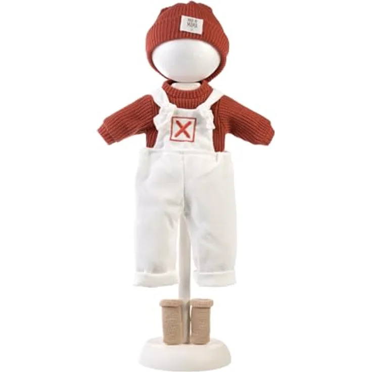 Llorens Puppenkleidung Latzhose-Kleiderset, weiße Cord-Latzhose mit rotem Strickpullover und Mütze, für Puppen 40-42 cm