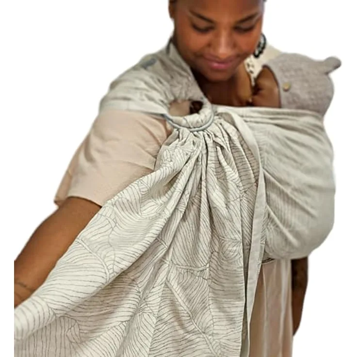 Hoppediz Ring-Sling, Baby-Tragetuch ab Geburt aus Bio-Leinen-Blend, Design Grenada natur, fördert Hüftentwicklung und Eltern-Kind-Bindung