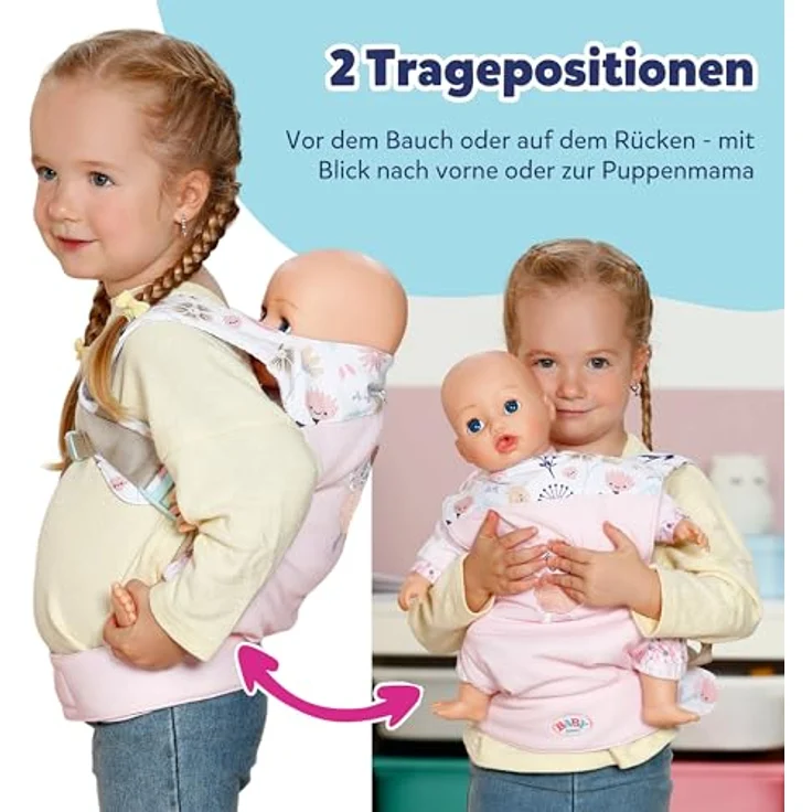 BABY Born Babytrage, Puppentrage mit 2 Blickrichtungen & verstellbarem Gurt, Rosa mit Blumendetails für 36 cm & 43 cm Puppen – Bild 3