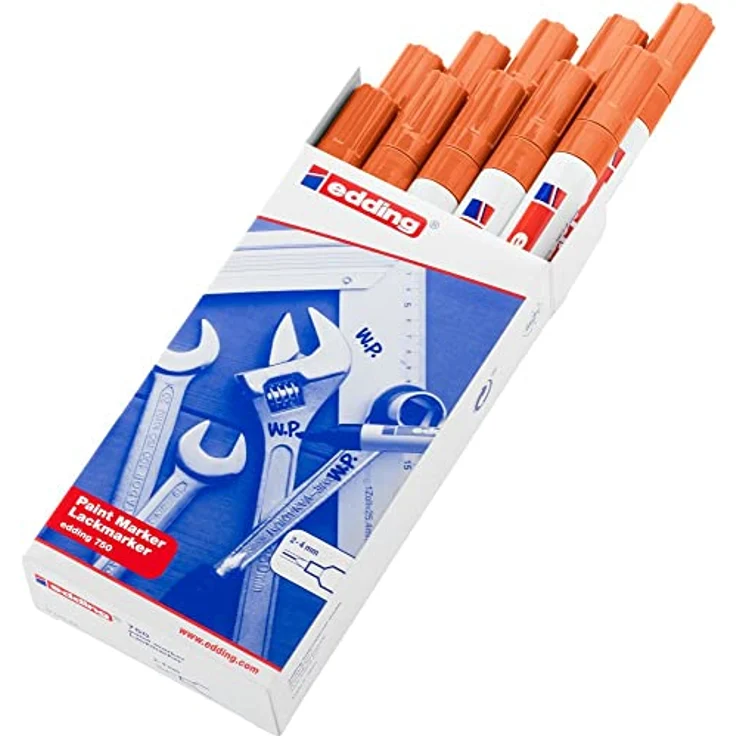 edding 750 Lackmarker - orange - 10 Stifte - Rundspitze 2-4 mm - Lackstift zur Markierung und Beschriftung von Metall, Glas, Stein oder Kunststoff - hitzebeständig, permanent, wisch- und wasserfest – Bild 2