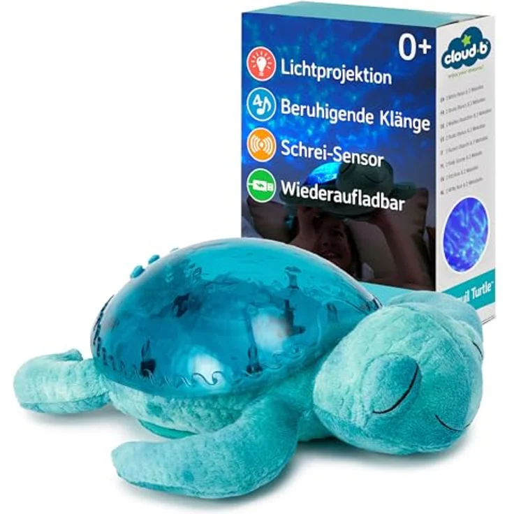 Cloud B Tranquil Turtle Nachtlicht mit Musik, wiederaufladbar, Aqua | Unterwasserprojektionen | 4 beruhigende Geräusche | Helligkeit einstellbar | Timer | Tränenmelder | recyceltes Gewebe – Bild 1