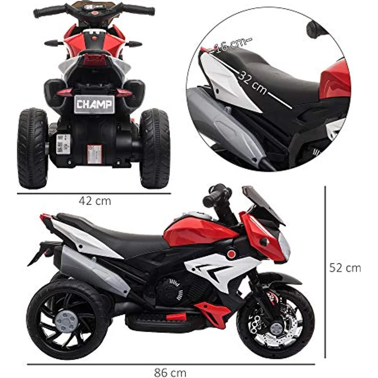 HOMCOM Elektro-Kindermotorrad mit Musik, Scheinwerfer, Geschwindigkeit 3km/h, Belastbarkeit 25 kg (Schwarz/Rot) 3-5 Jahre – Bild 5