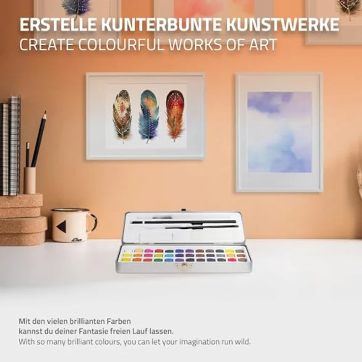 ECD Germany Kreativset Malkoffer 49-tlg, Aquarellfarben Set mit 48 Farben, Pinsel, Bleistift 2B, in silberner Metallschachtel – Bild 5