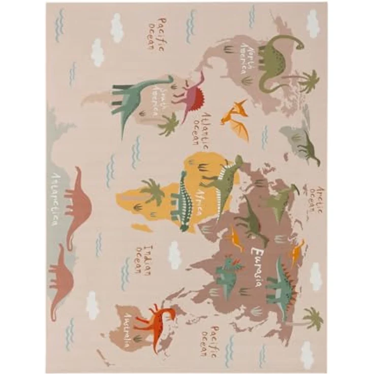 TT Home Kinderteppich, rutschfest, Weltkarte mit Tieren und Autos, Farbe: Grün Beige Braun, 100x200 cm – Bild 5