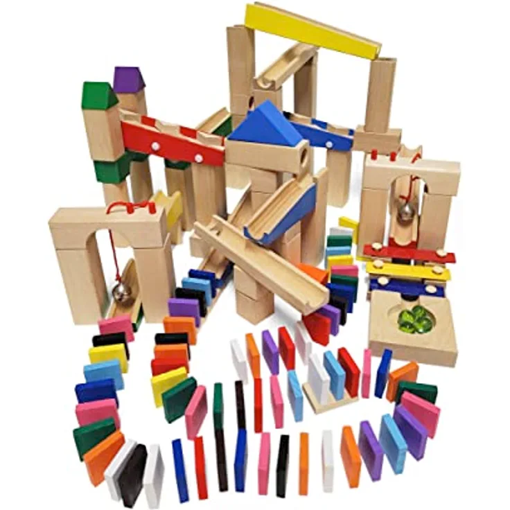 Calmado Kugelbahn/Murmelbahn Set, 200-teiliges Buchenholzspielzeug mit Tasche und Anleitung, für Kinder ab 6 Jahren