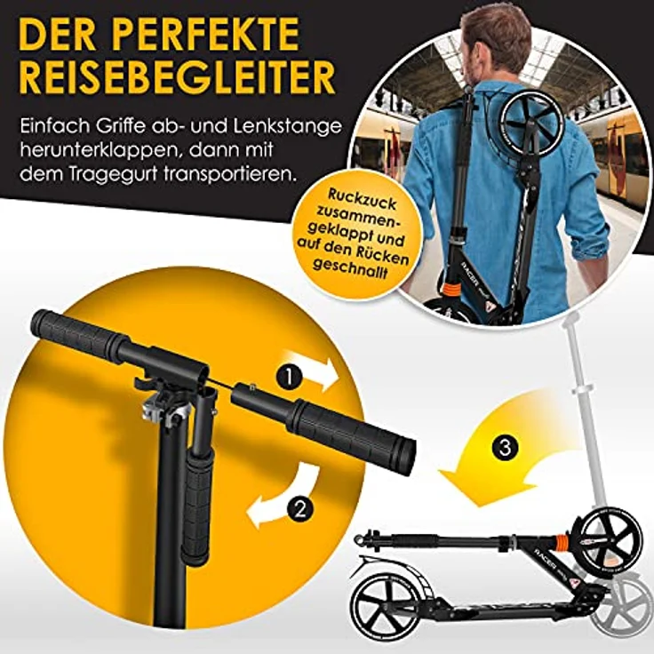 KESSER® Cityroller Scooter 205mm Räder PU Big Wheel - Pro-S Tretroller mit Doppel Federung, City-Roller Scooter klappbar und Höhenverstellbar, Roller Kickscooter für Erwachsene und Kinder Schwarz – Bild 7