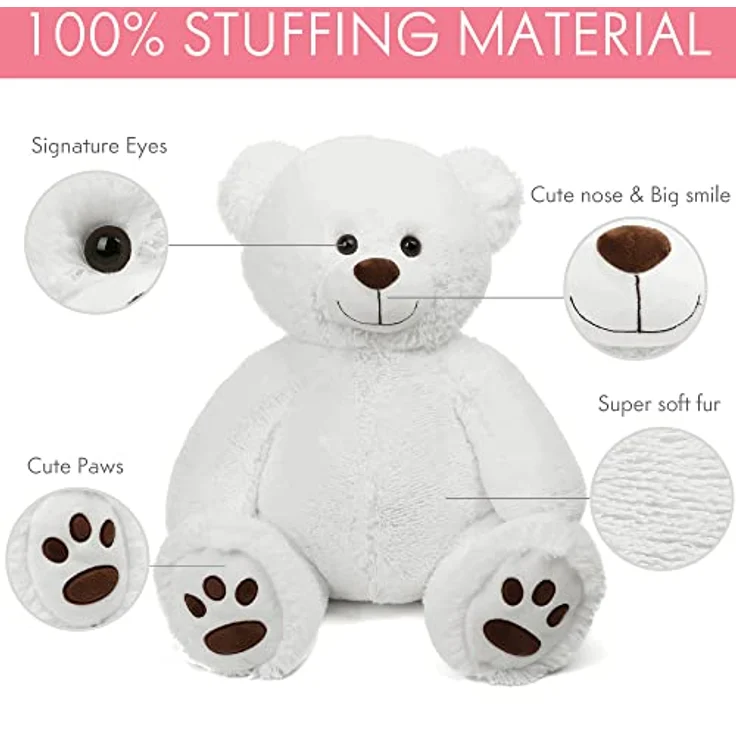 LotFancy Teddybär Kuscheltier, 50 cm Mittelgroßes Plüschtier in Weiß mit extra weichem Fell und langlebigen Sicherheitsmerkmalen – Bild 2