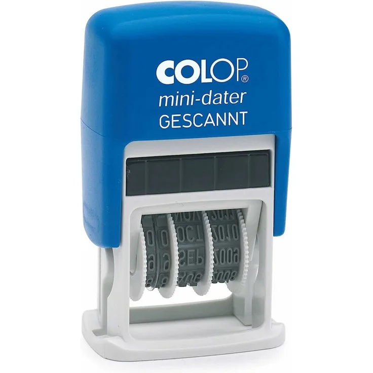 COLOP Stempel Datumstempel mit Text selbstfärbend blau rot, Mini-Dater S 160/L1 - Lagertextstempel mit Texteingabe