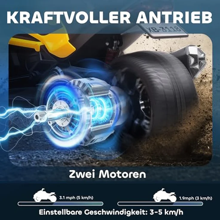 AIYAPLAY Elektro Quad für Kinder, 12V mit 3 Rädern, Vorwärts- und Rückwärtsfunktion, MP3-Player, LED-Leuchten, 2 Geschwindigkeiten 3-5 km/h, für 3-8 Jahre, Gelb – Bild 3