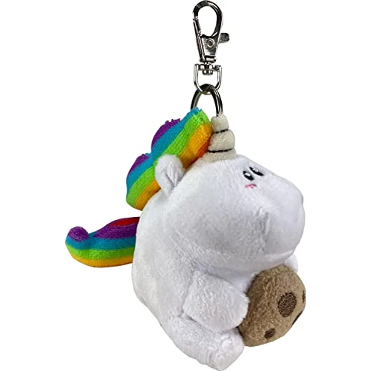 United Labels Pummel & Friends Schlüsselanhänger - Pummeleinhorn mit Keks, 10 cm Plüschstofftier, weich und flauschig, Metallkettchen für Rucksack