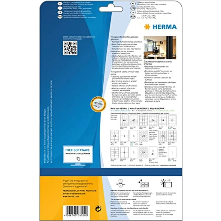 HERMA 8020 Wetterfeste Folienetiketten transparent, 25 Blatt, 210 x 297 mm, 1 pro A4 Bogen, 25 Stück, selbstklebend, bedruckbar, glänzend, blanko Klebeetiketten Aufkleber aus Folie, durchsichtig – Bild 2