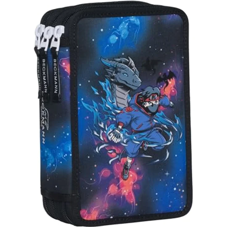 BECKMANN 3-Fold Pencil Case Ninja Elements, Federmäppchen mit Stiften, Lineal, Radiergummi und Spitzer, 14 x 21 x 6,5 cm – Bild 1