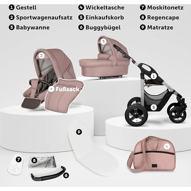 Bergsteiger Capri 2-in-1 Kombikinderwagen, Babywanne & Sportsitz, Luftreifen, Rahmenfederung, höhenverstellbarer Griff, faltbar, mit Zubehör – Bild 3