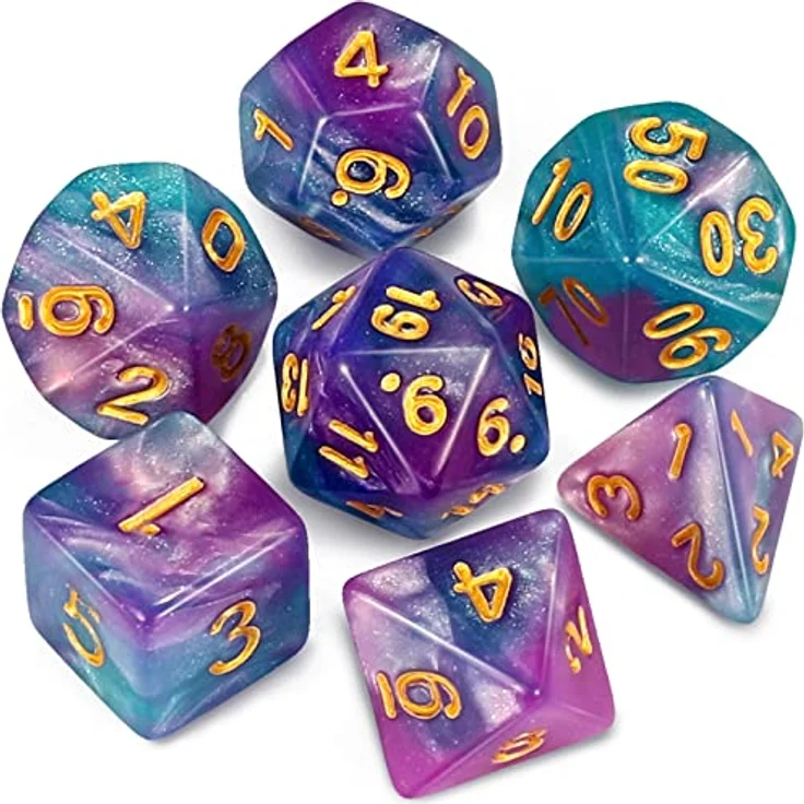 QMAY DND Dice Polyedrisches Würfel Set, 7 Stück in Lake Blue Mix Violett mit Glitter, ideal für Dungeon und Dragons MTG RPG D&D (D20, D12, D10, D%, D8, D6, D4) – Bild 1