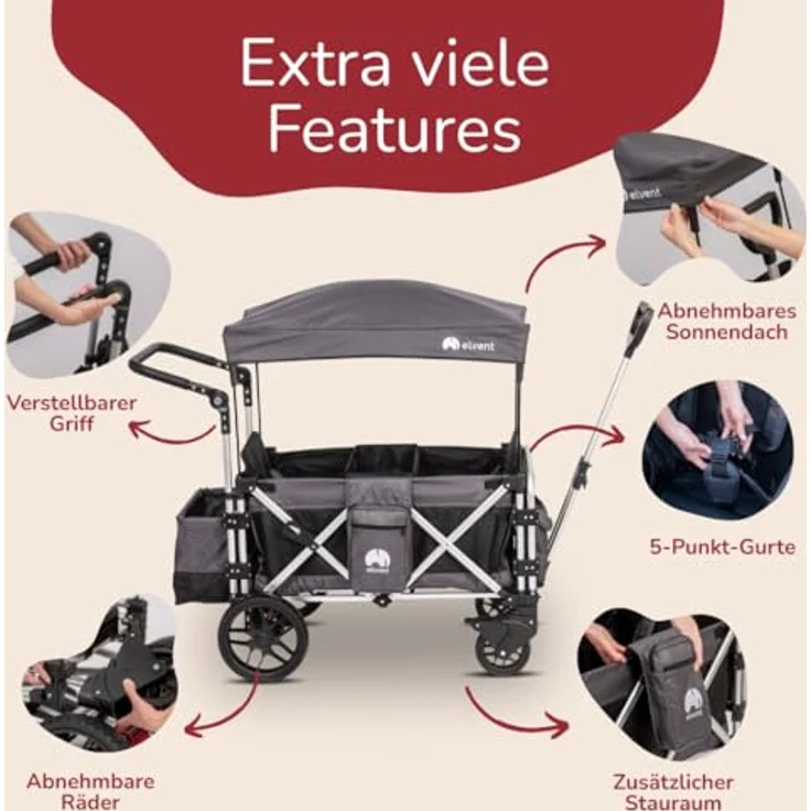 elvent FamilyStar 2 Kinderwagen 2-Sitzer – leicht, faltbar, bis 80 kg, Sonnendach, Sitzpolster, 5-Punkte-Gurt, Fußbremse – Bild 4