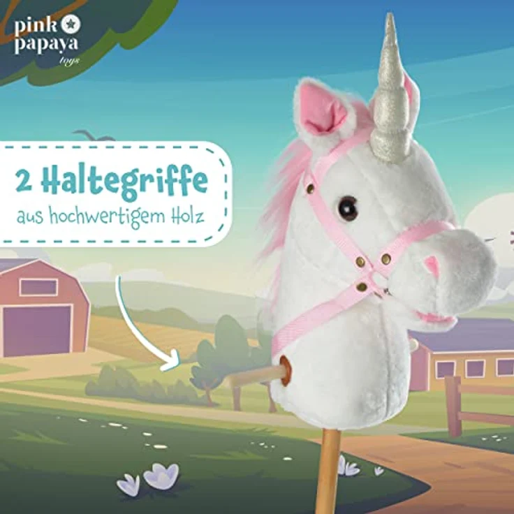 Pink Papaya Steckenpferd Einhorn Mandy, Plüschspielzeug mit Soundfunktion: Gewieher und Galoppgeräusch, Farbe: weiß mit rosa Mähne – Bild 2