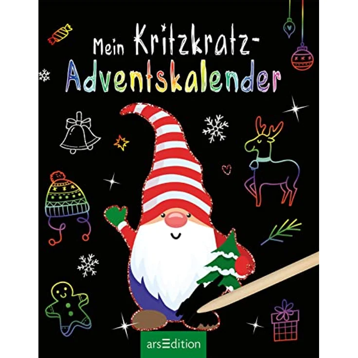 Ars Edition Mein Kritzkratz-Adventskalender, Kreatives Kritzkratz-Block mit Holzstift, 24 weihnachtliche Motive, 20,5 cm x 15,5 cm – Bild 2