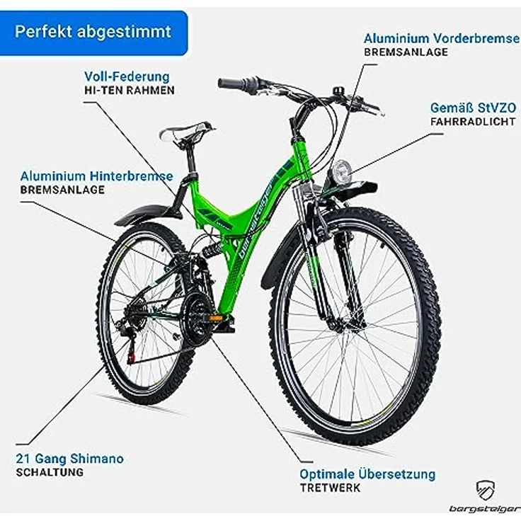 bergsteiger Mountainbike Memphis 26 Zoll, 21 Gang Shimano Tourney RD-TZ50 Schaltwerk, Damen, Herren, V-Brakes, in sportlichem Design für maximale Sicherheit und Fahrspaß, blau – Bild 5