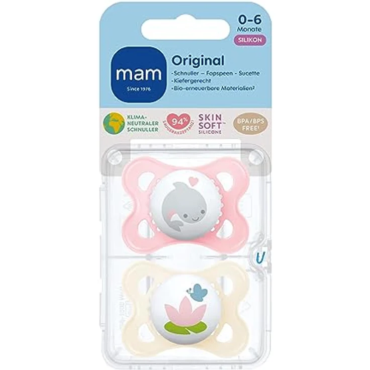 MAM Original Schnuller im 2er-Set, zahnfreundlicher Baby aus nachhaltigen & bio-erneuerbaren Materialien, Sauger aus SkinSoft Silikon, mit Schnullerbox, 0-6 Monate, Fisch/Seerose – Bild 2
