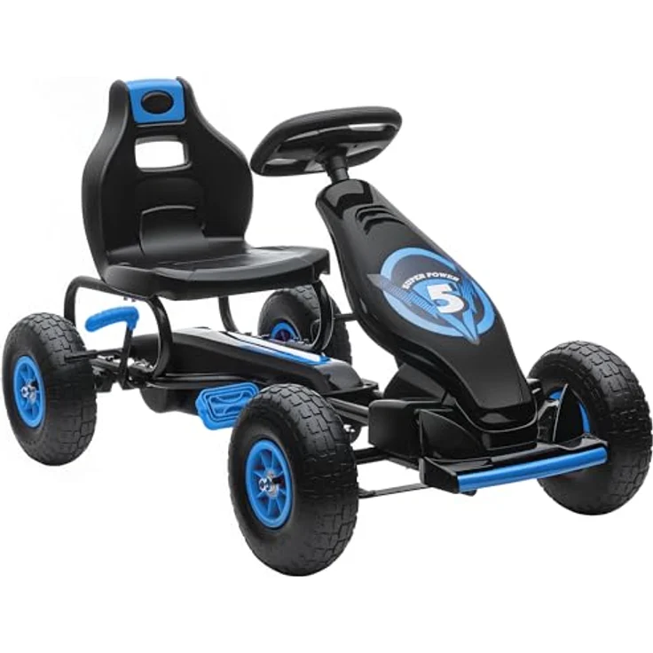 HOMCOM Gokart, Kinderfahrzeug mit verstellbarem Sitz, Tretauto mit Gummireifen, Pedal und Handbremse, Kettcar für Kinder ab 5 Jahren, Outdoor, Blau+Schwarz – Bild 2